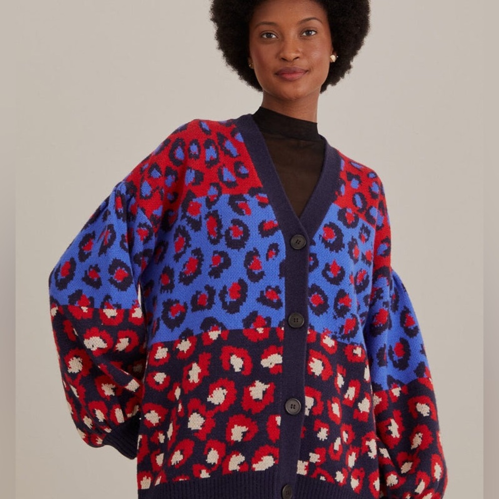 FARM RIO “Mixed Leopards” Spot Cardigan in Blue Multi - Picture 2 of 15